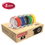 Compatible Tapes Replacement for DYMO White Print on Red Blue Black Green Yellow Plastic Embossing 3D Labels ( 9 mm x 3 m | 5 PACK ) | Matsuro Original